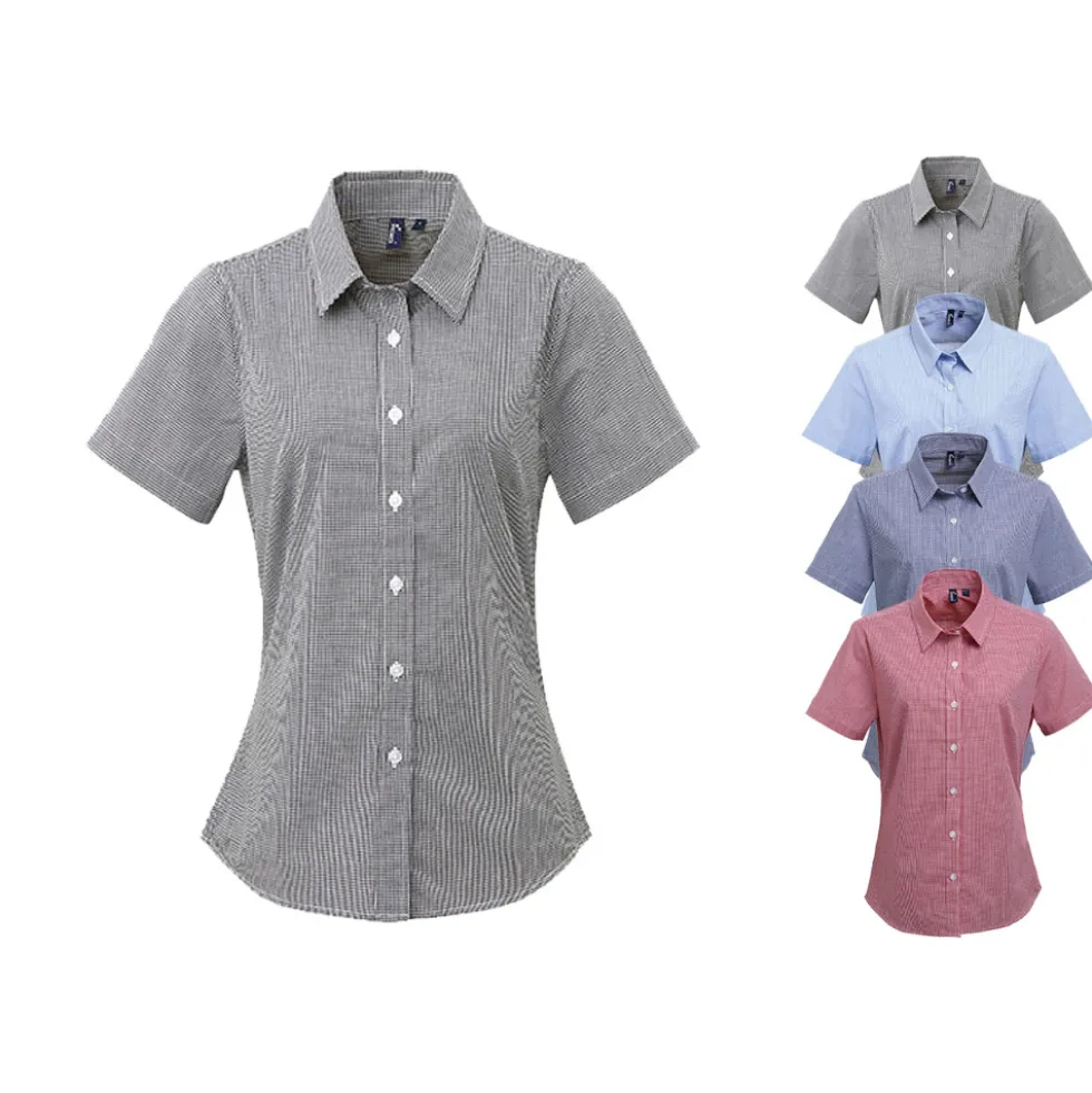 PW321 Premier Workwear Damen Bluse Vichy-Muster kurzarm